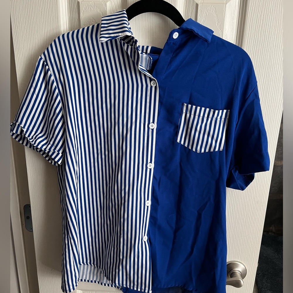 SHEIN Blue and White Stripe/Blocked Shirt